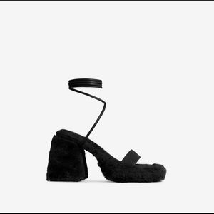 LACE UP FAUX FUR DETAIL SQUARE TOE PLATFORM FLARED BLOCK HEEL